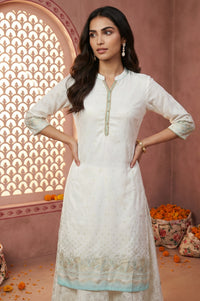 White Foil Printed Rayon Straight Kurta with Lace