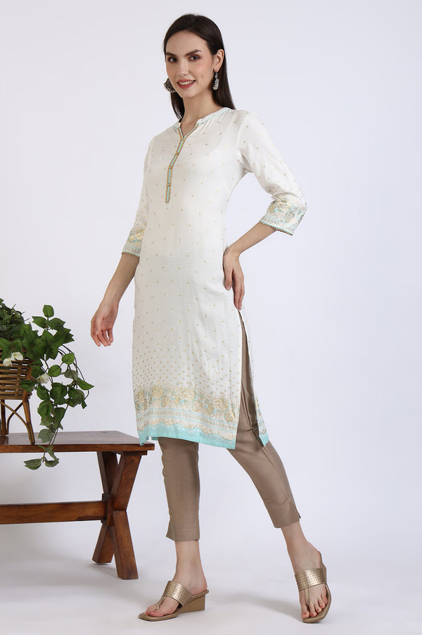 White Foil Printed Rayon Straight Kurta with Lace
