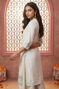 White Foil Printed Rayon Straight Kurta with Lace