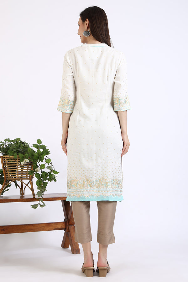 White Foil Printed Rayon Straight Kurta with Lace