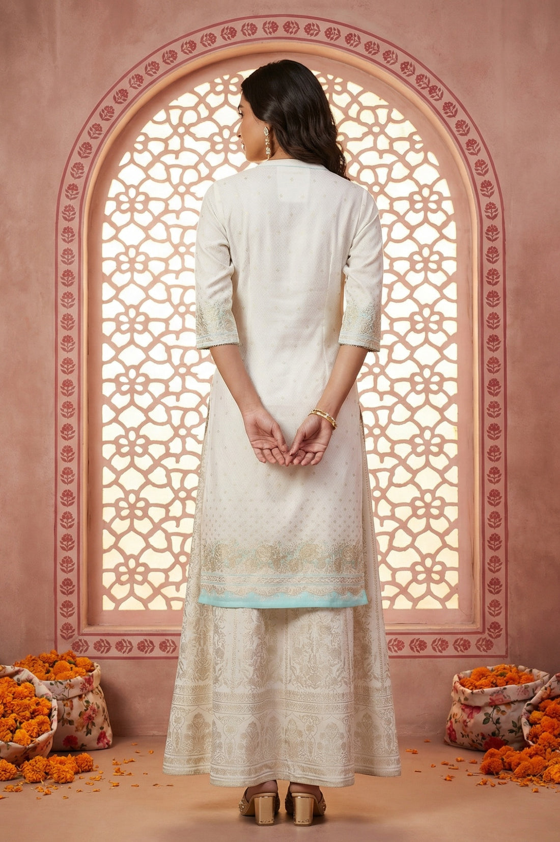 White Foil Printed Rayon Straight Kurta with Lace