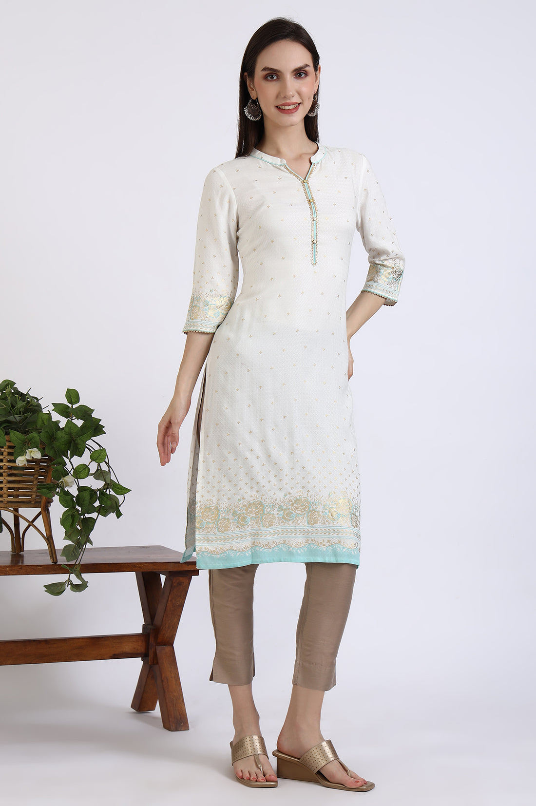 White Foil Printed Rayon Straight Kurta with Lace