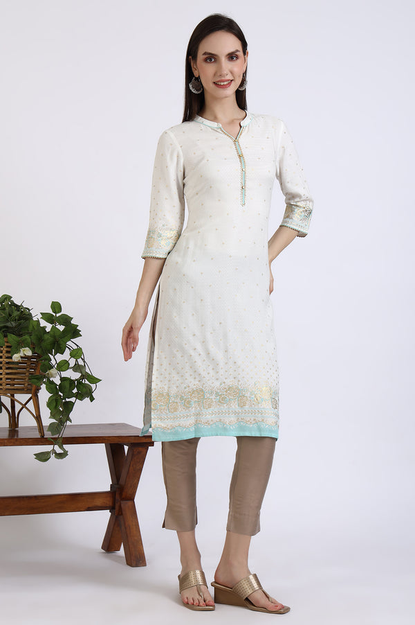 White Foil Printed Rayon Straight Kurta with Lace