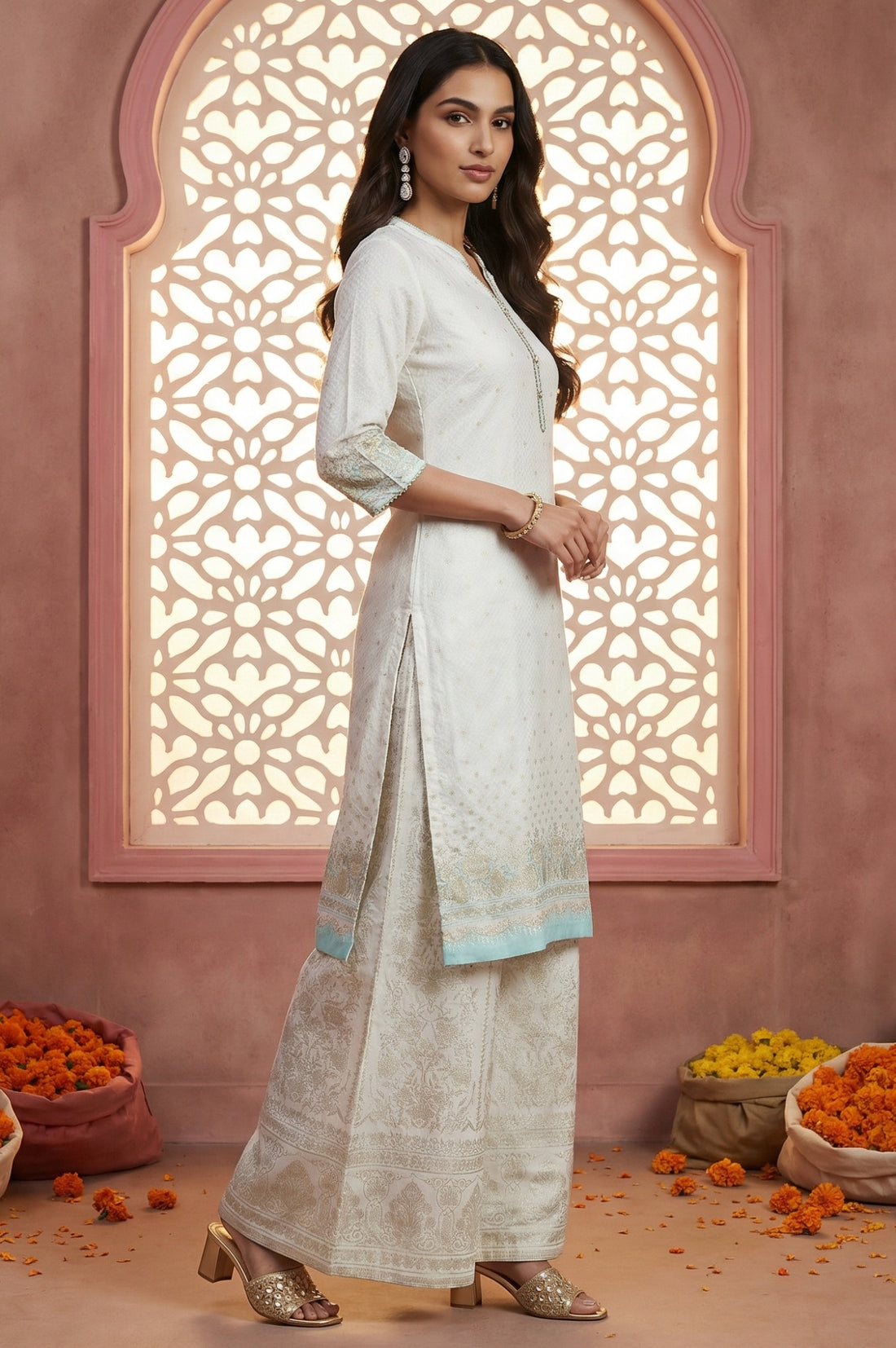 White Foil Printed Rayon Straight Kurta with Lace