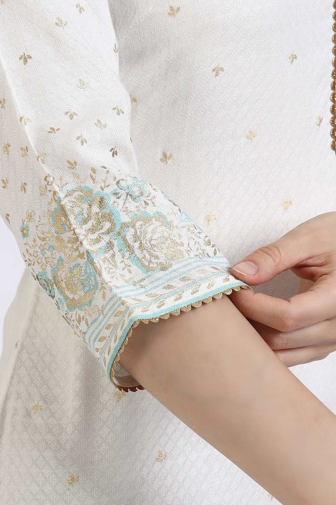 White Foil Printed Rayon Straight Kurta with Lace