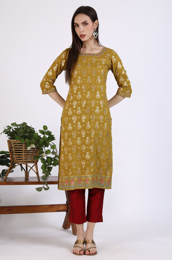 Green Foil Printed Rayon Straight Kurta