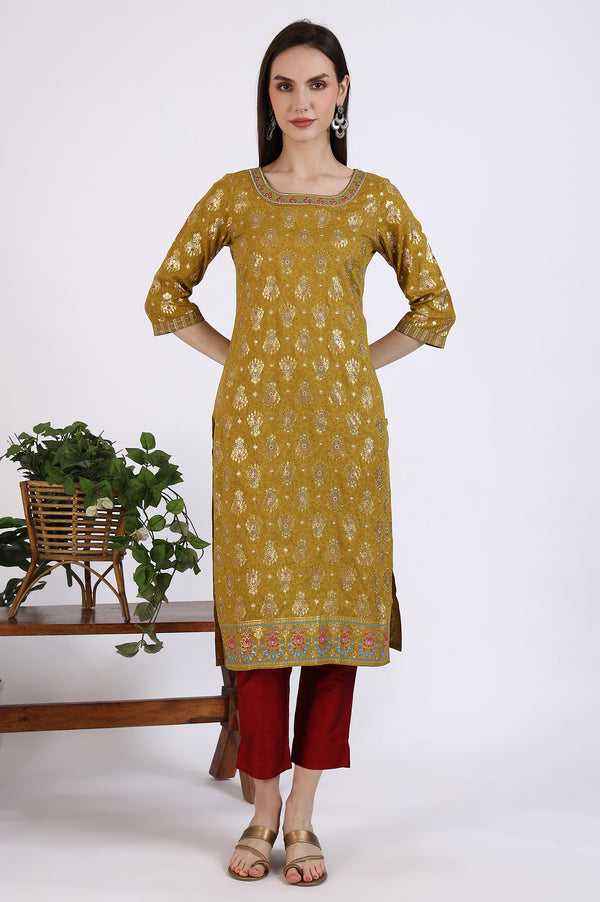 Green Foil Printed Rayon Straight Kurta