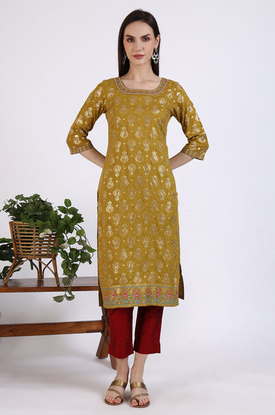 Green Foil Printed Rayon Straight Kurta