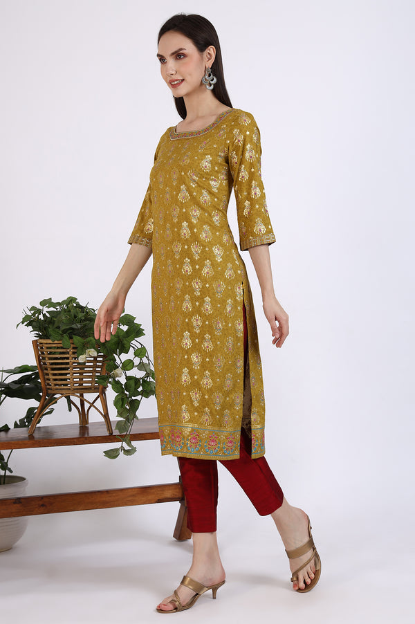 Green Foil Printed Rayon Straight Kurta