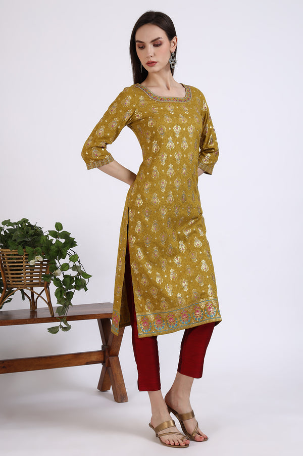 Green Foil Printed Rayon Straight Kurta