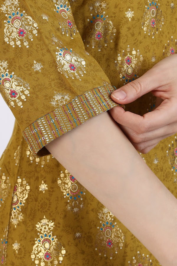 Green Foil Printed Rayon Straight Kurta