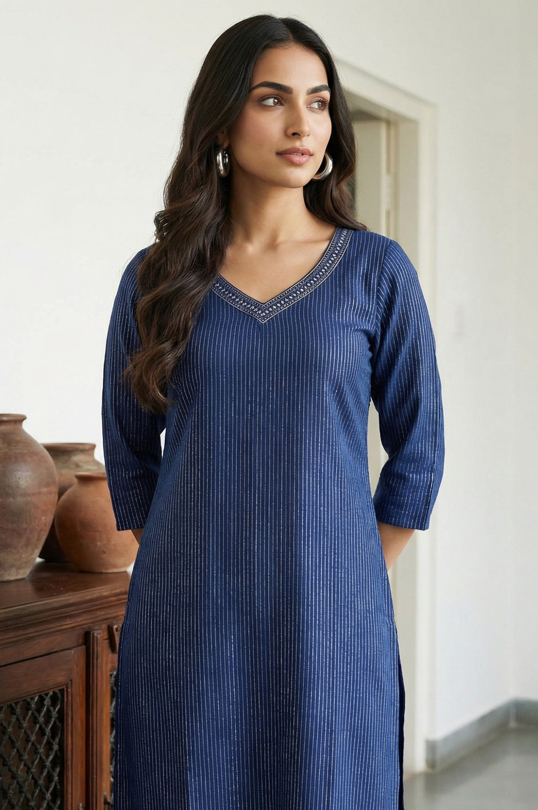 Navy Blue Cotton Zari Embellished Straight Kurta