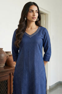 Navy Blue Cotton Zari Embellished Straight Kurta