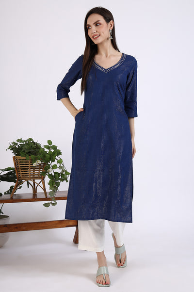Navy Blue Cotton Zari Embellished Straight Kurta