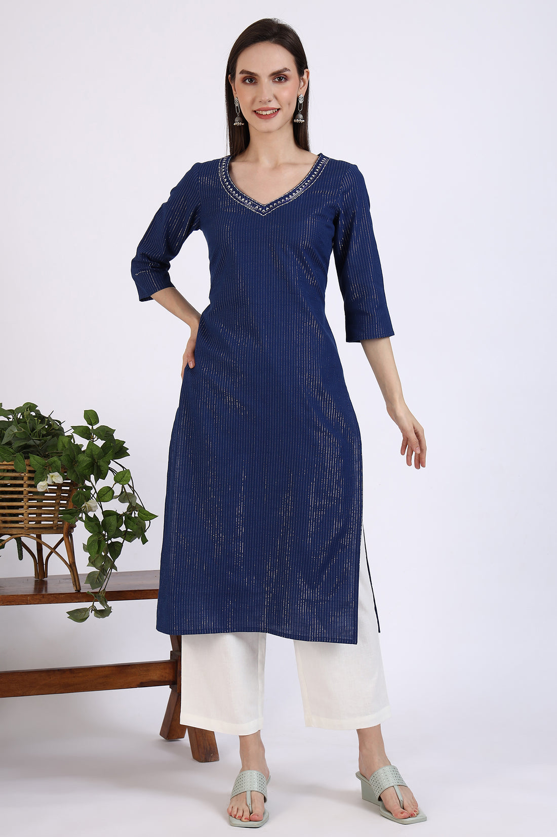 Navy Blue Cotton Zari Embellished Straight Kurta