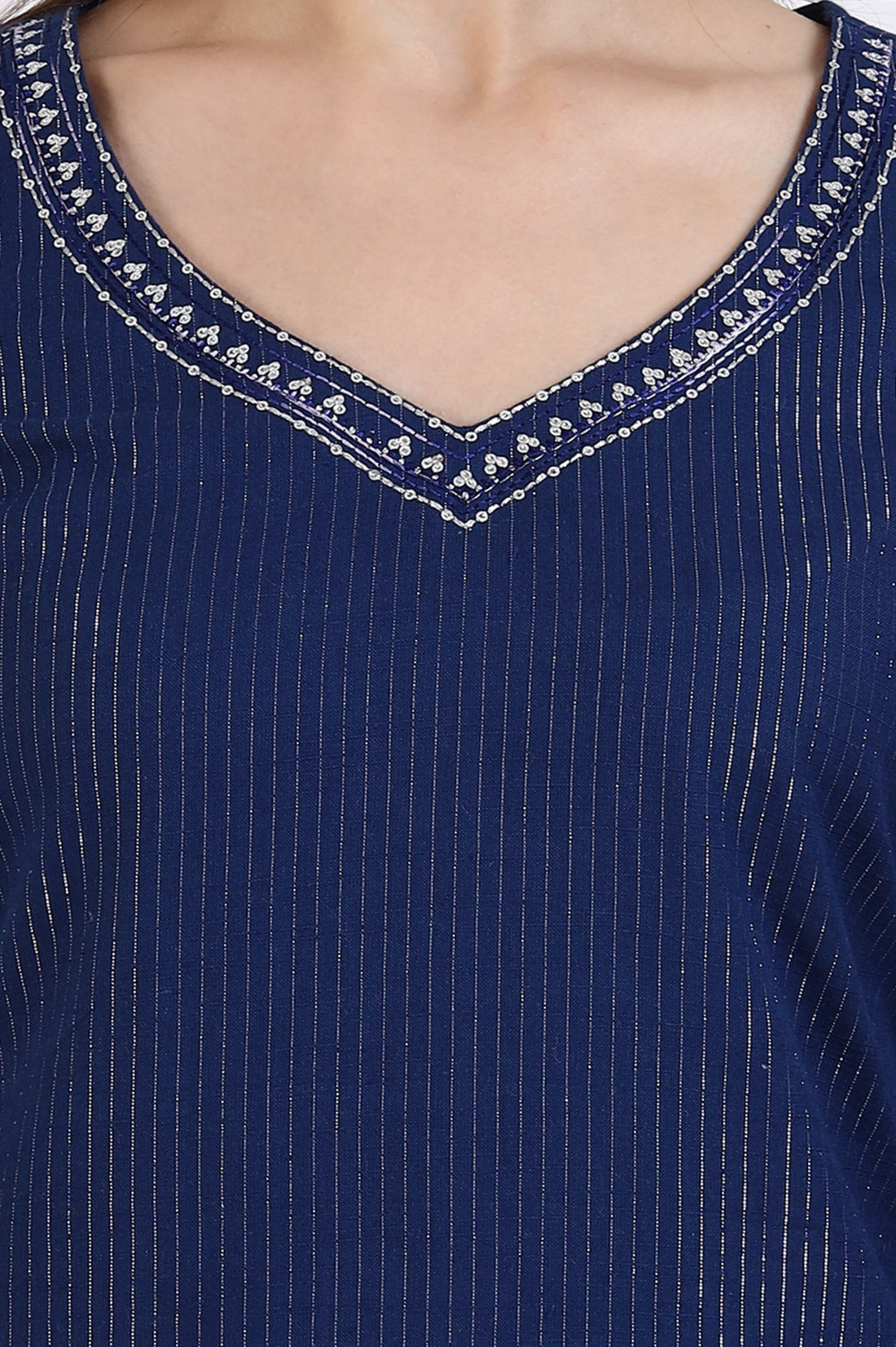 Navy Blue Cotton Zari Embellished Straight Kurta