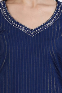 Navy Blue Cotton Zari Embellished Straight Kurta
