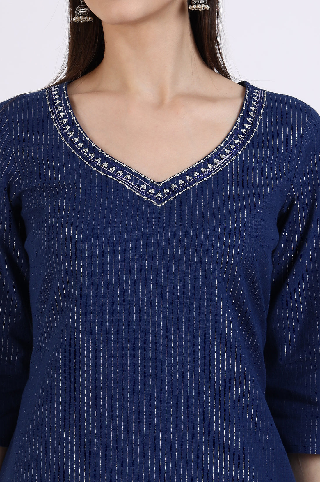 Navy Blue Cotton Zari Embellished Straight Kurta