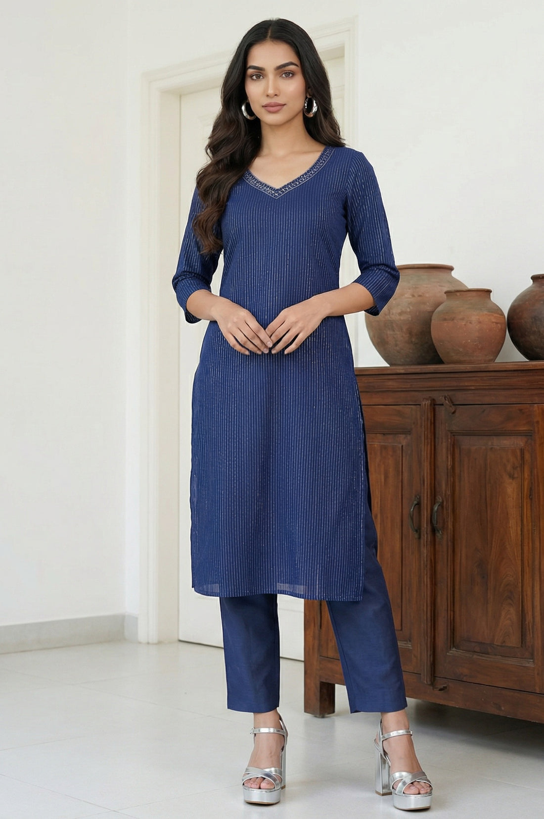 Navy Blue Cotton Zari Embellished Straight Kurta