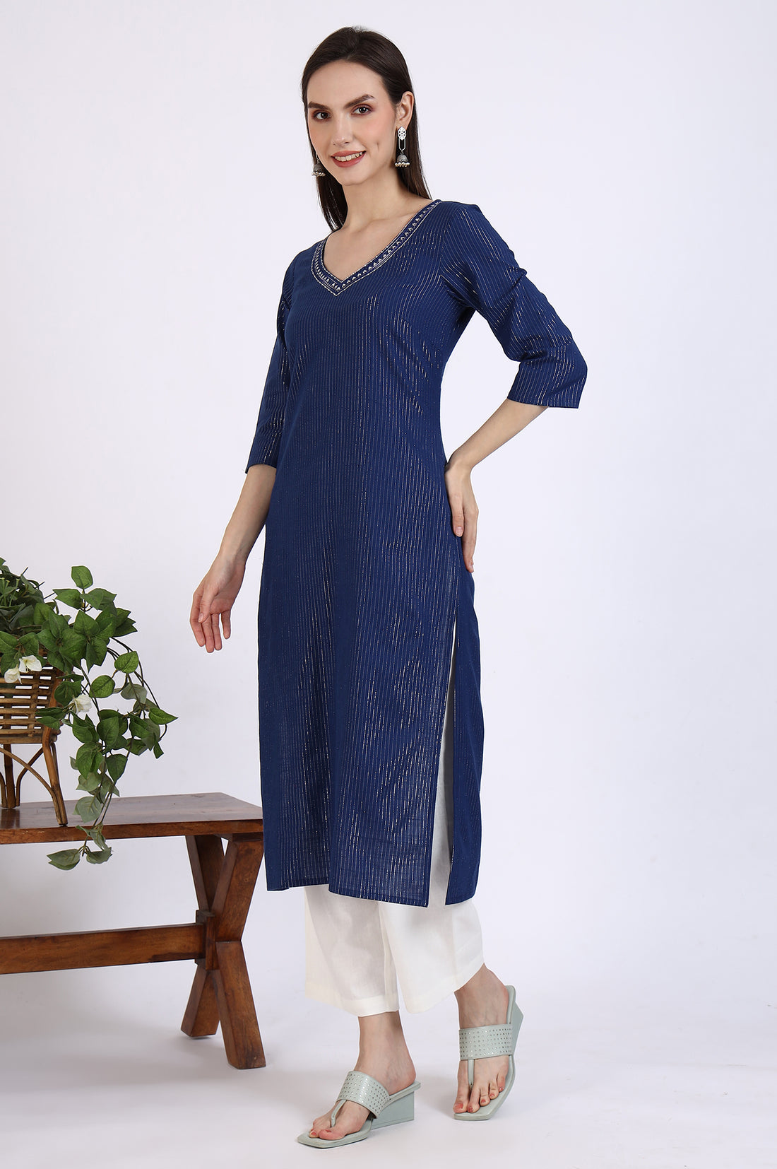 Navy Blue Cotton Zari Embellished Straight Kurta