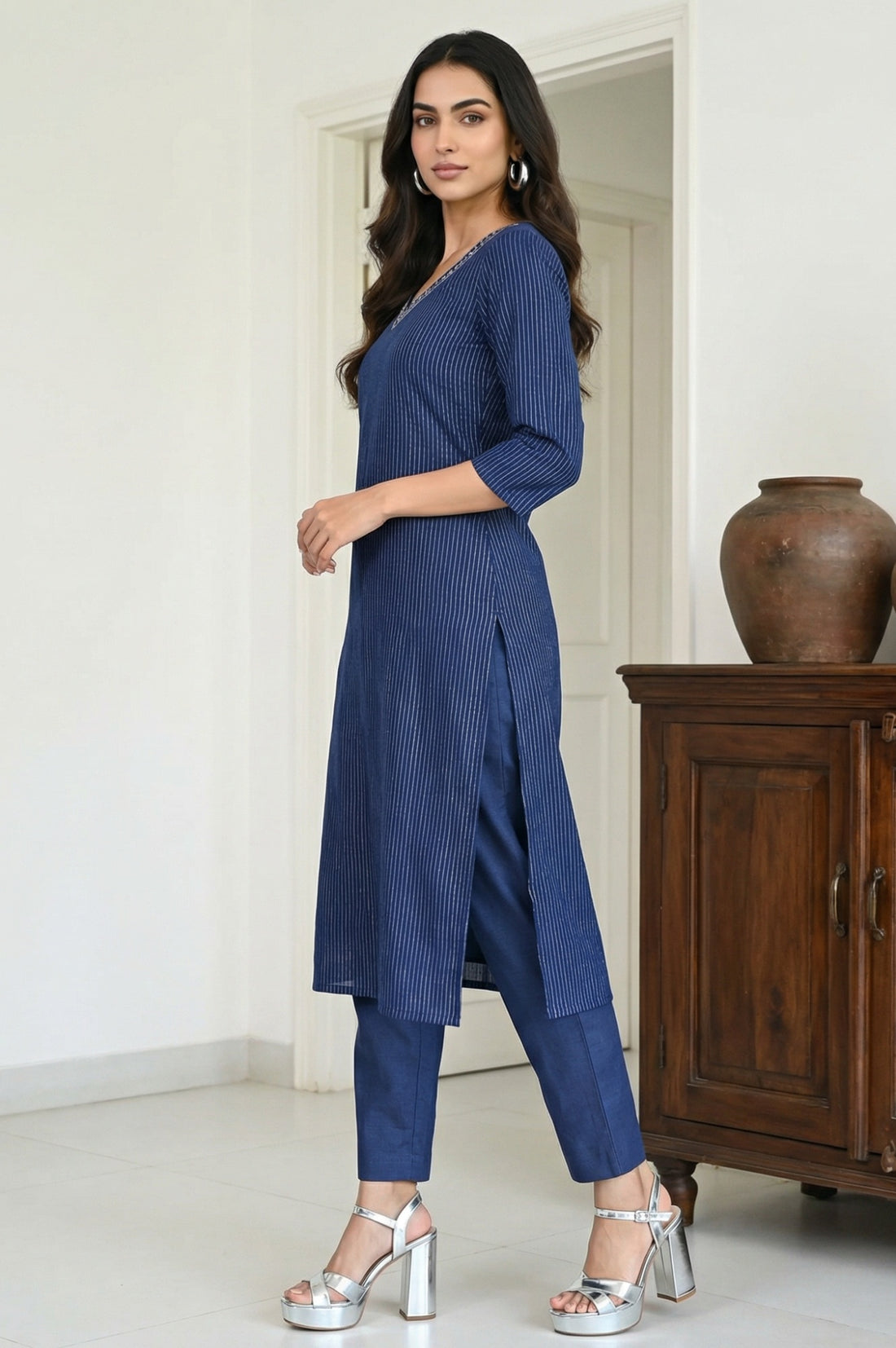 Navy Blue Cotton Zari Embellished Straight Kurta