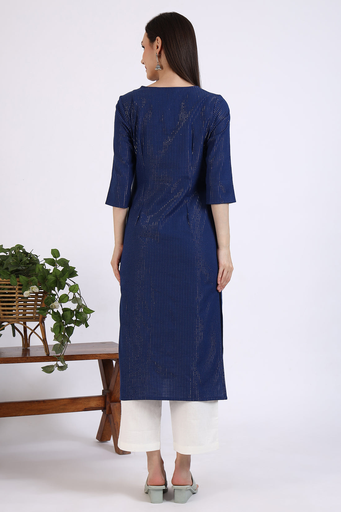 Navy Blue Cotton Zari Embellished Straight Kurta