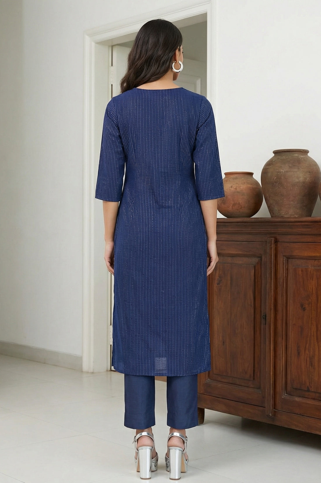Navy Blue Cotton Zari Embellished Straight Kurta