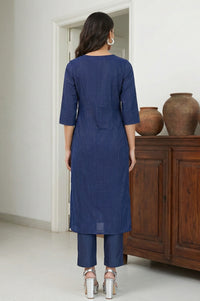 Navy Blue Cotton Zari Embellished Straight Kurta