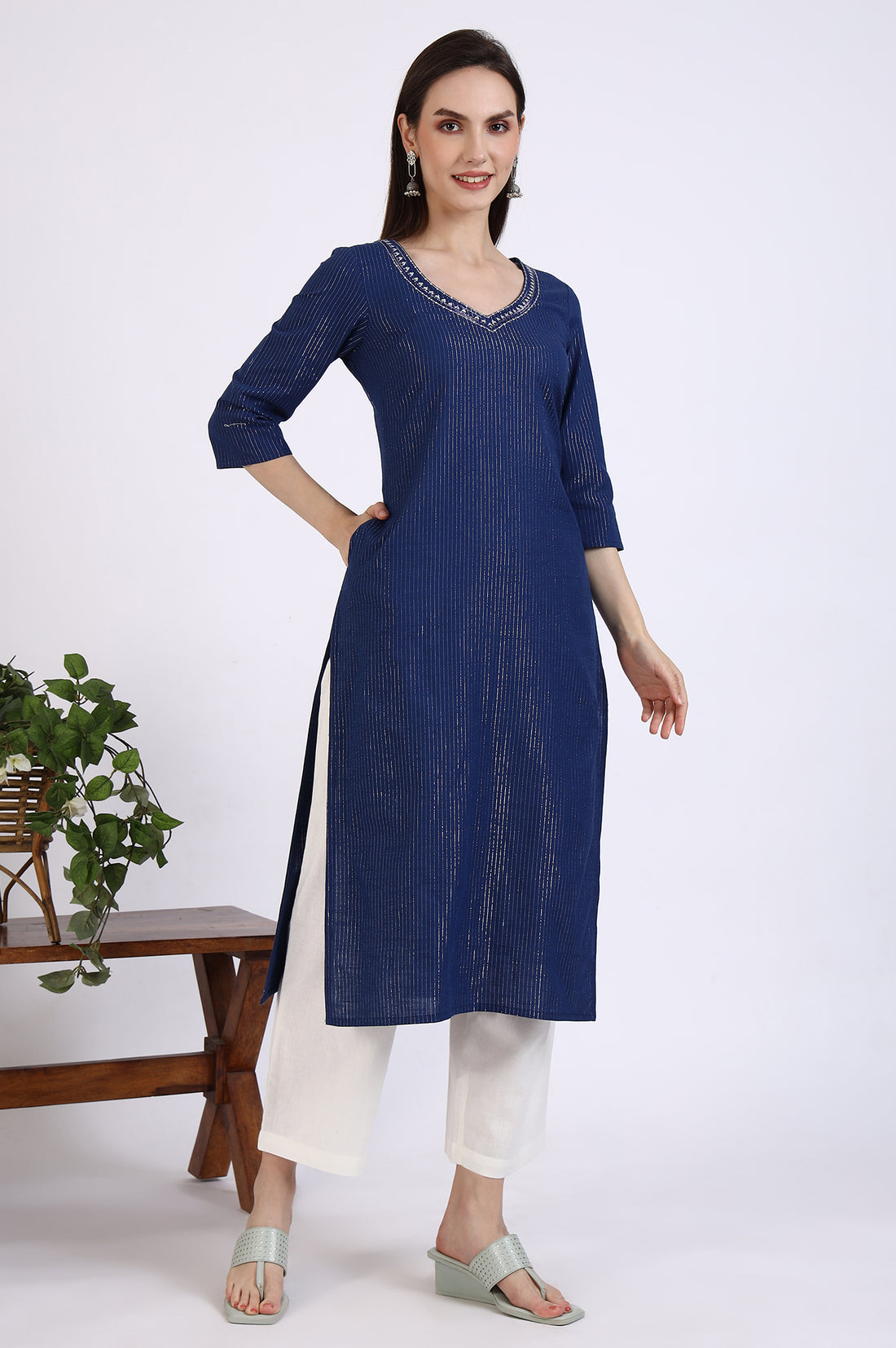 Navy Blue Cotton Zari Embellished Straight Kurta