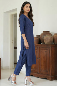 Navy Blue Cotton Zari Embellished Straight Kurta