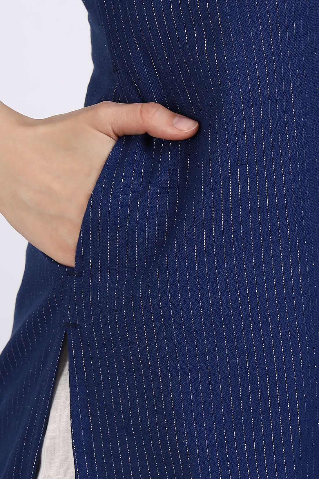 Navy Blue Cotton Zari Embellished Straight Kurta