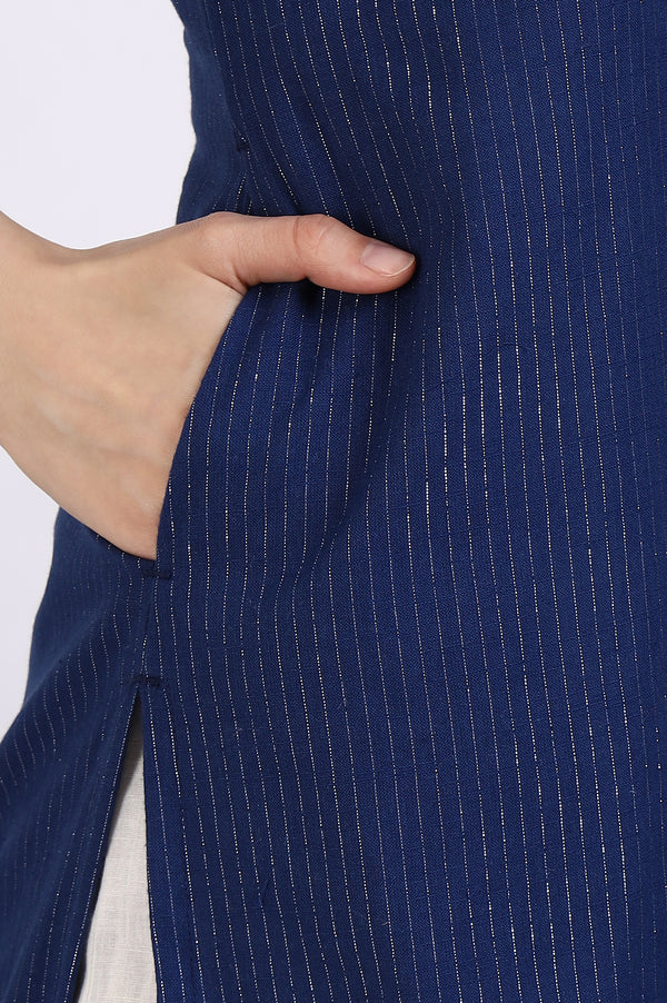 Navy Blue Cotton Zari Embellished Straight Kurta