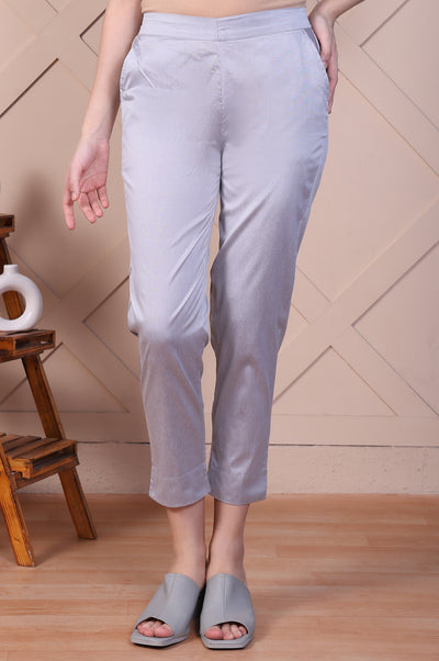 Silver Yarn-Dyed Solid Straight Fit Trousers