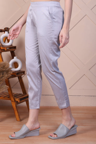 Silver Yarn-Dyed Solid Straight Fit Trousers