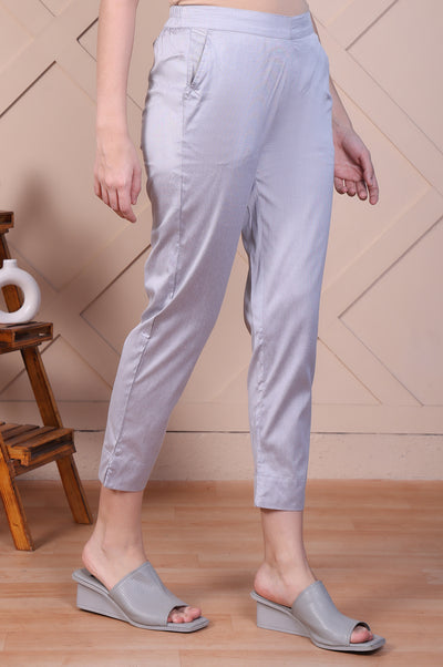 Silver Yarn-Dyed Solid Straight Fit Trousers