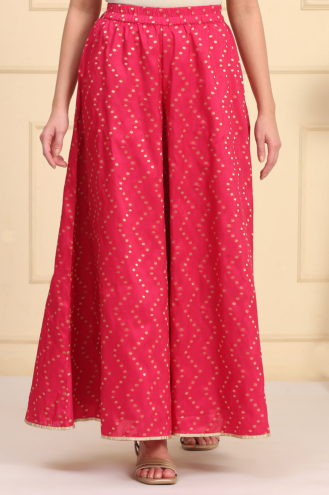 Pink Printed Jacquard Embellished Ankle-Length Woven Fabric Palazzo