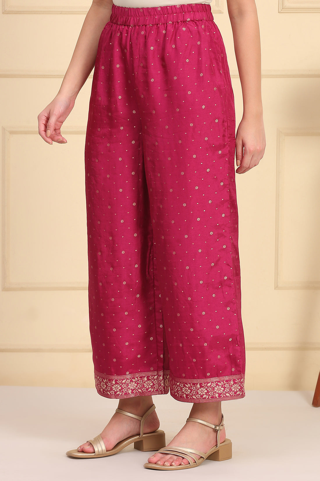 Magenta Printed Jacquard Embellished Ankle-Length Woven Fabric Palazzo