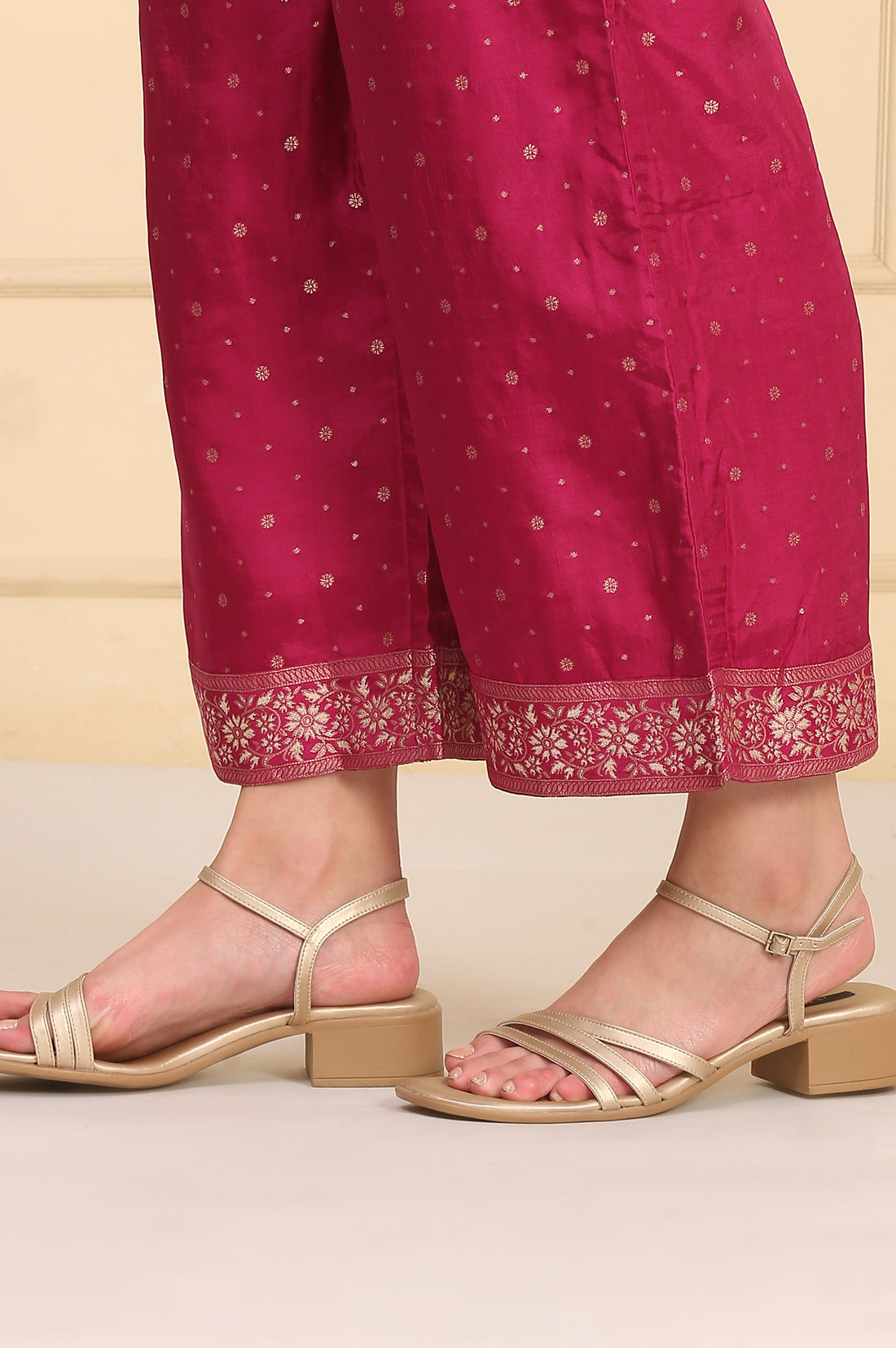 Magenta Printed Jacquard Embellished Ankle-Length Woven Fabric Palazzo