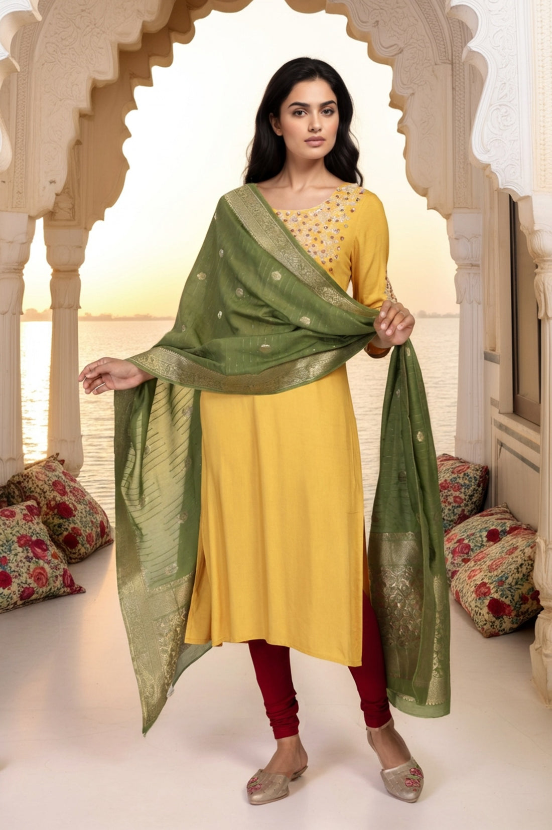 Beige Jacquard Floral Print Zari Work Straight Dupatta
