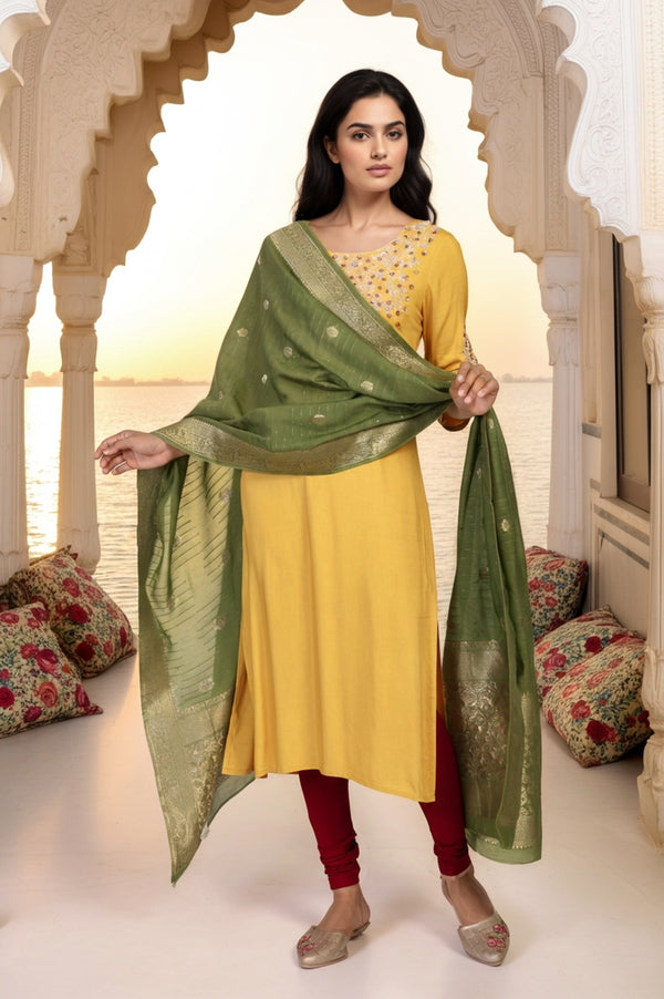 Beige Jacquard Floral Print Zari Work Straight Dupatta