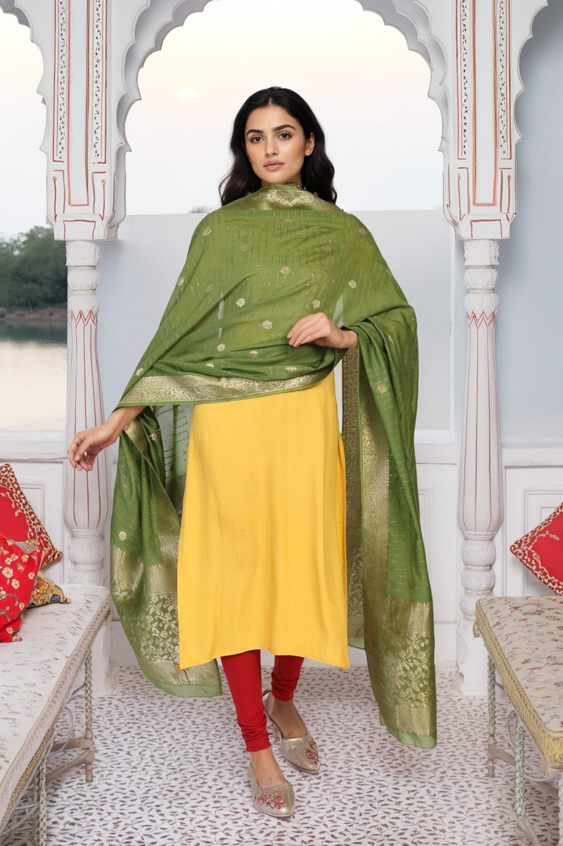 Beige Jacquard Floral Print Zari Work Straight Dupatta