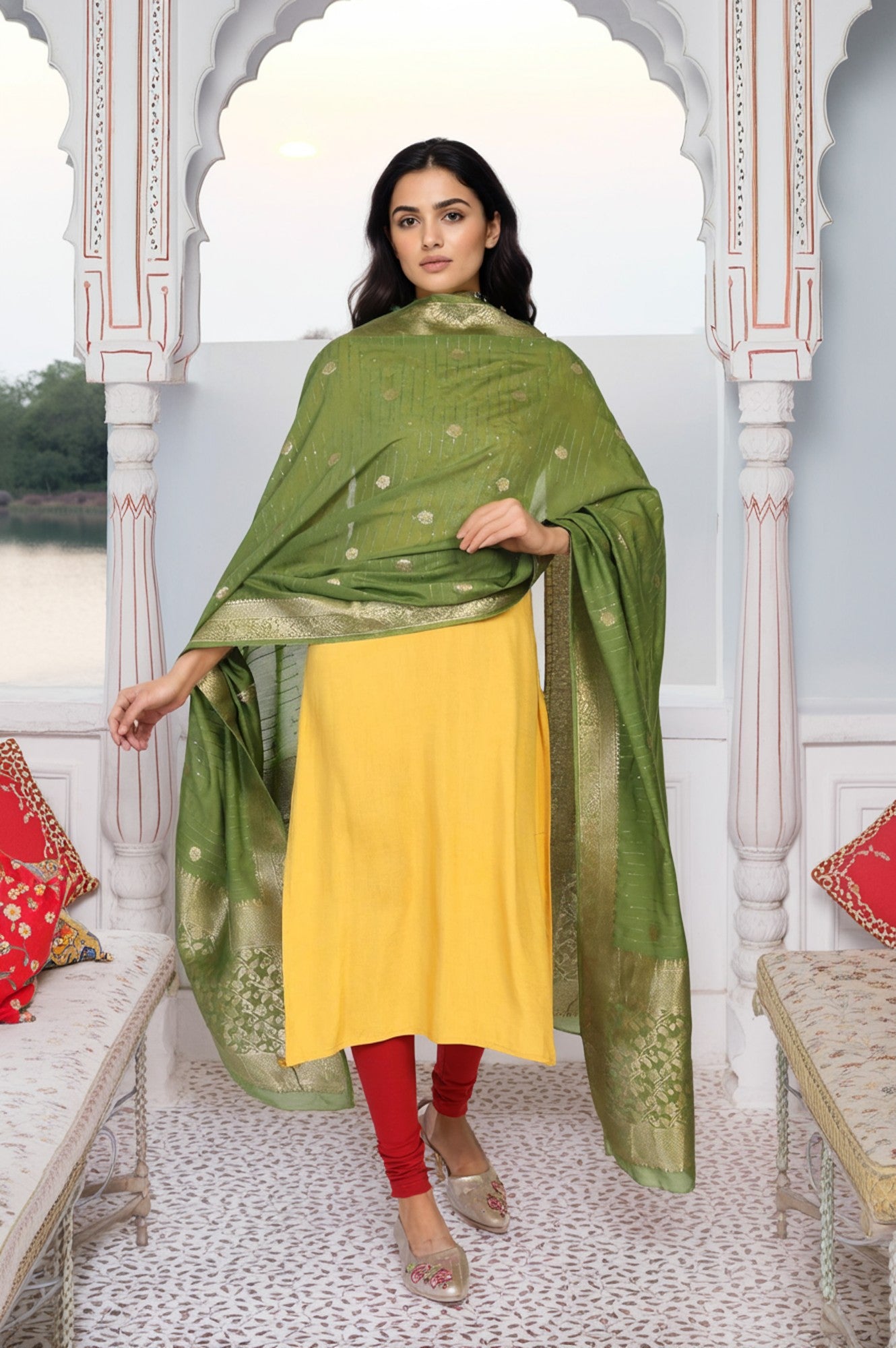 Beige Jacquard Floral Print Zari Work Straight Dupatta