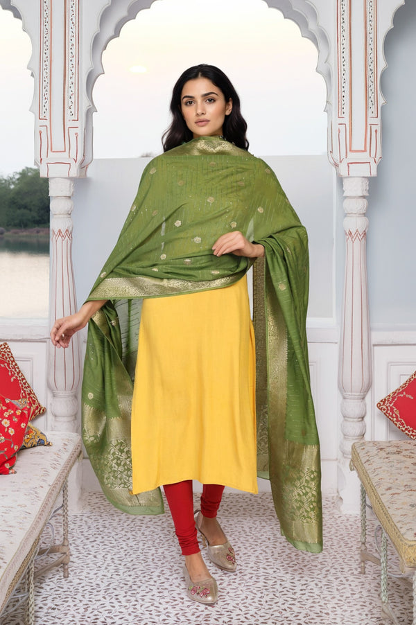 Beige Jacquard Floral Print Zari Work Straight Dupatta