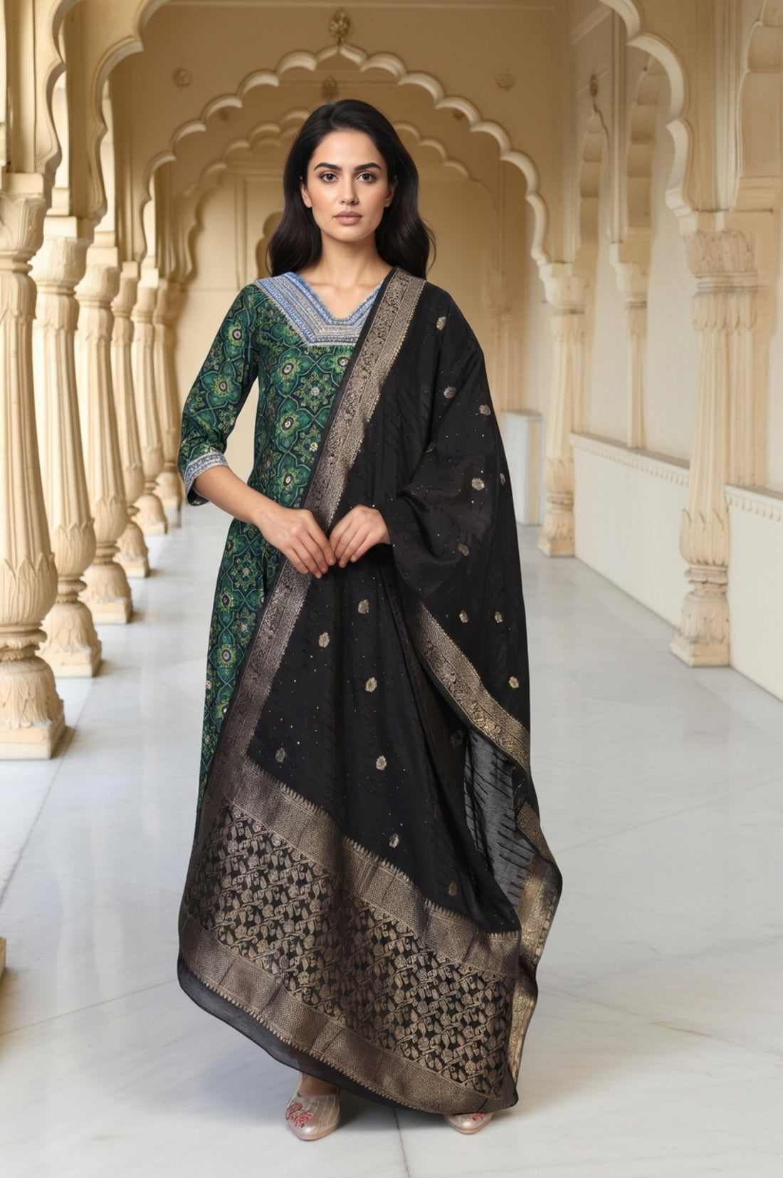 Beige Jacquard Floral Print Zari Work Straight Dupatta
