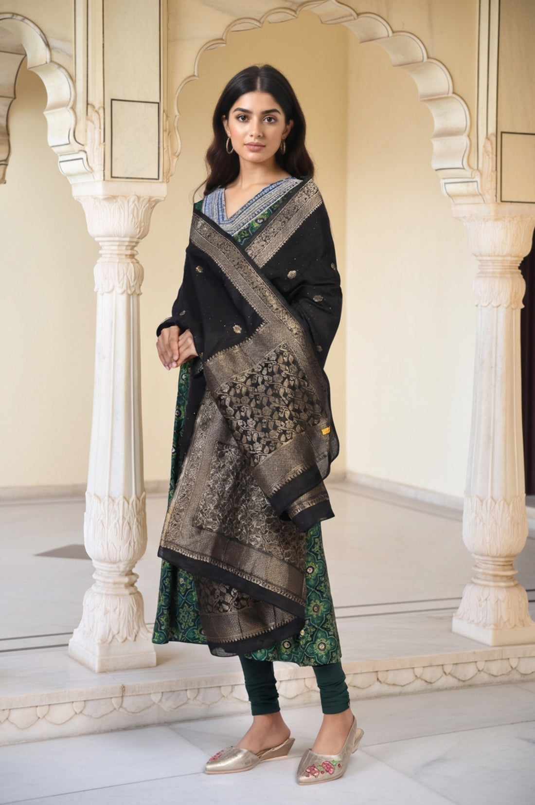 Beige Jacquard Floral Print Zari Work Straight Dupatta