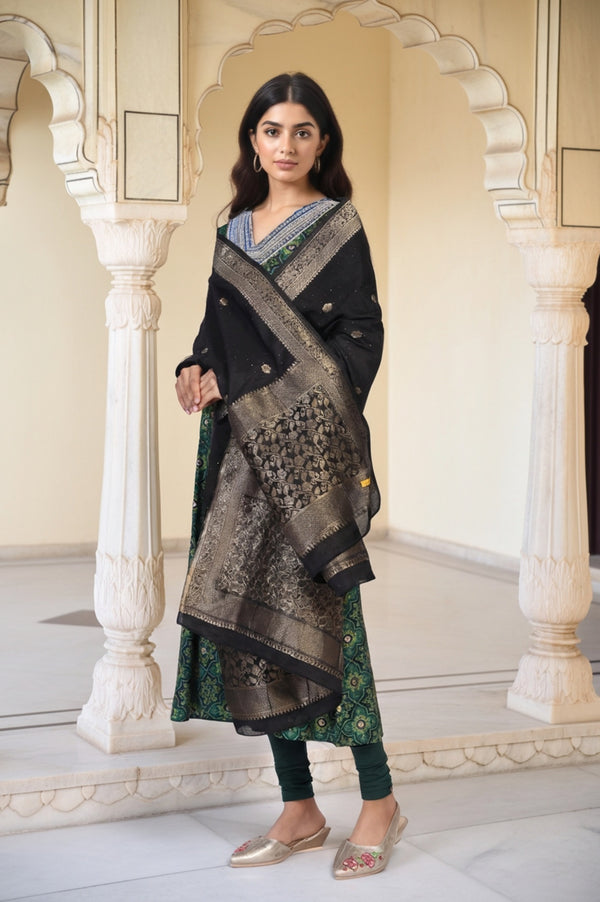 Beige Jacquard Floral Print Zari Work Straight Dupatta