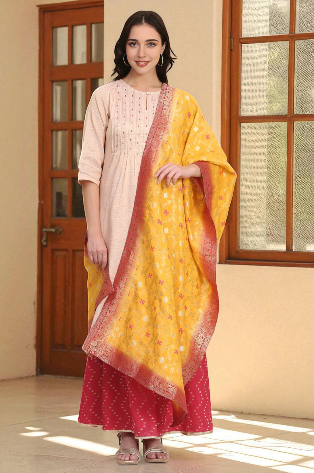 Yellow Printed Banaras Jacquard Woven Stole