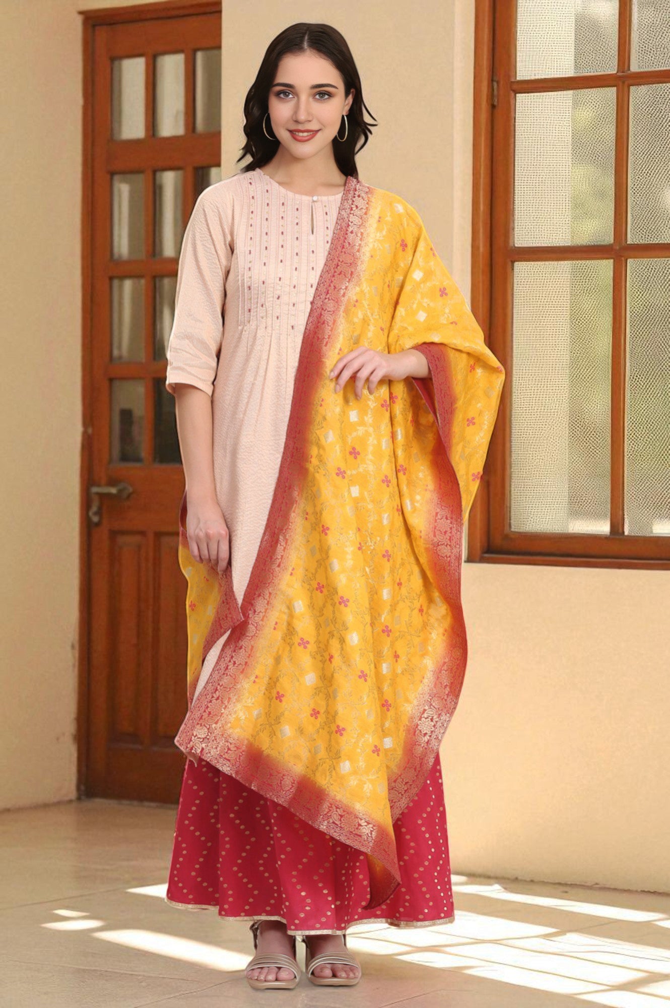 Yellow Printed Banaras Jacquard Woven Stole