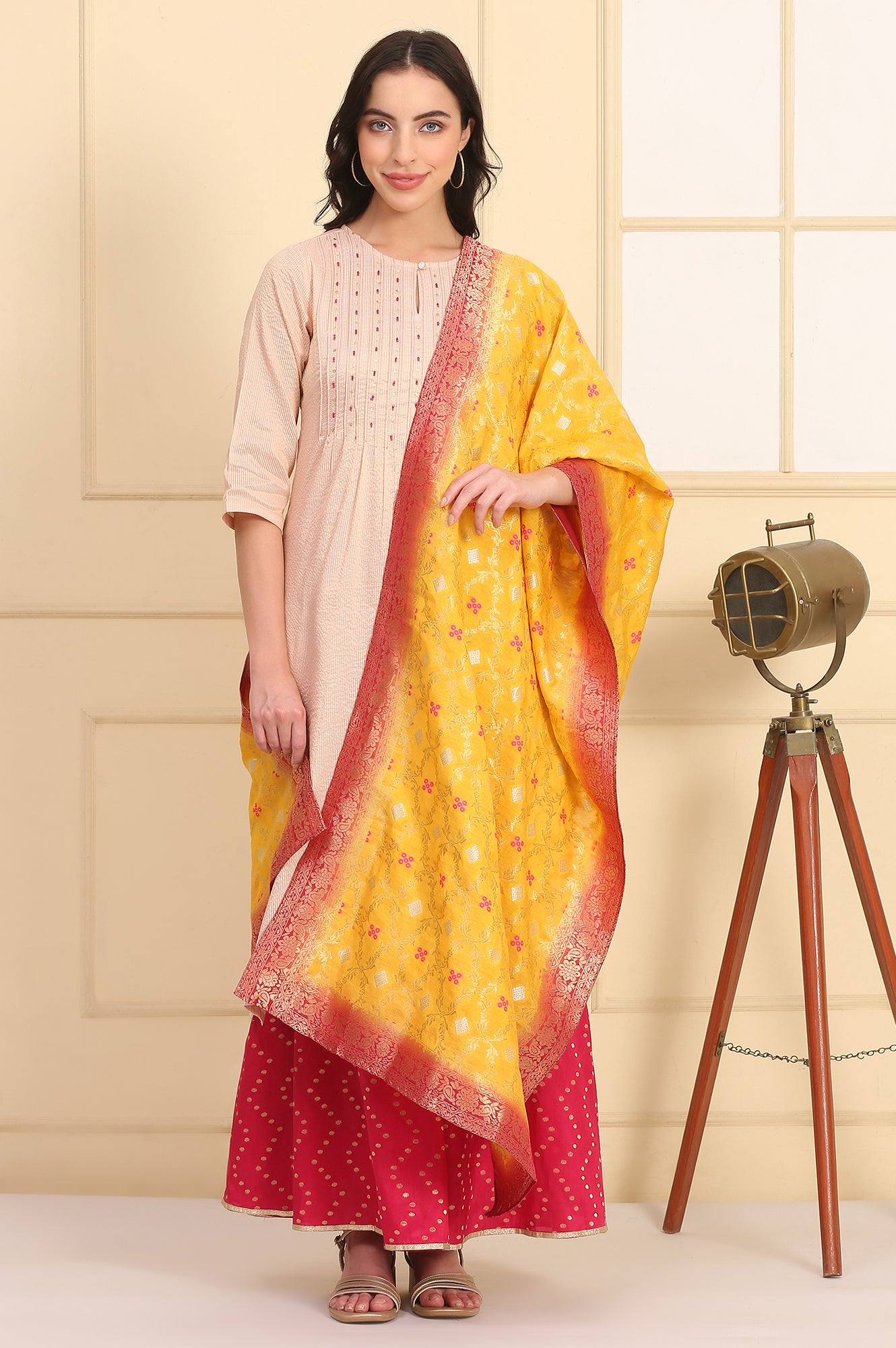 Yellow Printed Banaras Jacquard Woven Stole