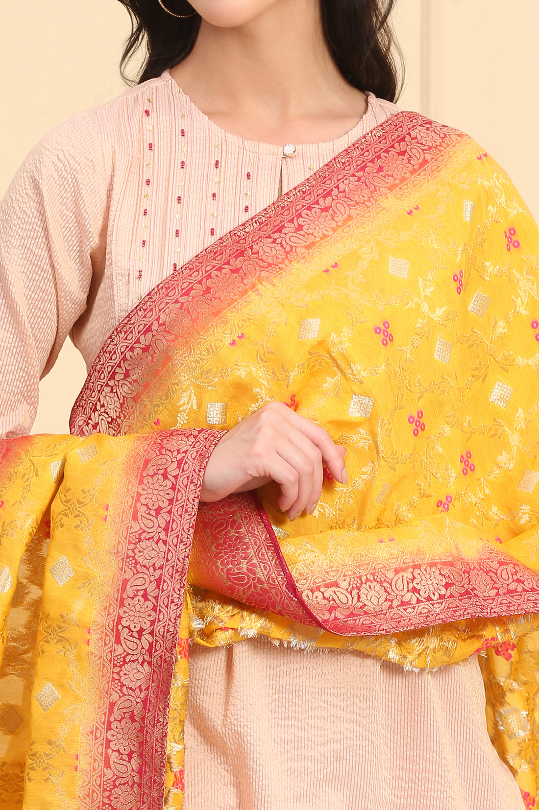 Yellow Printed Banaras Jacquard Woven Stole